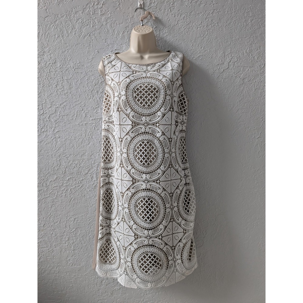 Jax Lace Sheath Dress Women 10 Polyester White Taupe Geometric | Coquette